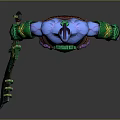 Towering Blue Skinned Warrior Creature With Green Ornamented Weapon Red Attire And Yellow Patterns