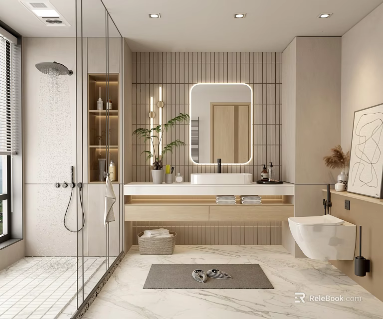 Modern Minimalist Bathroom With Glass Shower Mirror Marble Vanity And Potted Plant 3d model 