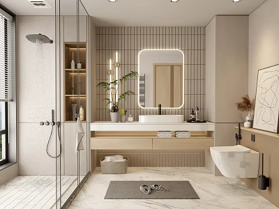 Modern Minimalist Bathroom With Glass Shower Mirror Marble Vanity And Potted Plant 3d model