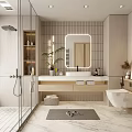 Modern Minimalist Bathroom With Glass Shower Mirror Marble Vanity And Potted Plant