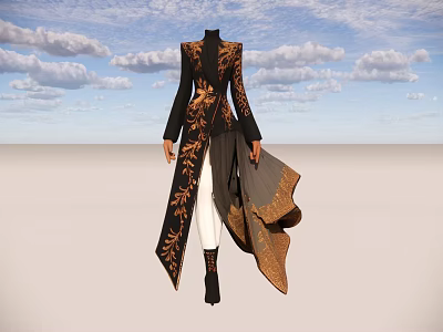 Elegant Black Long Coat With Gold Floral Patterns And White Pants Outfit Design 3d model