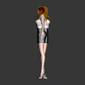 Red-haired Female Characters Front and Back Views White Tops Black Skirts Black Heels Dark Background