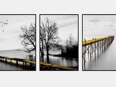 Black and White Decorative Wall Art With Yellow Bridge Trees and Calm Water 3d model