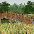 Wooden Landscape Bridge With Intricate Carved Railings Surrounded By Lush Green Trees And Grass
