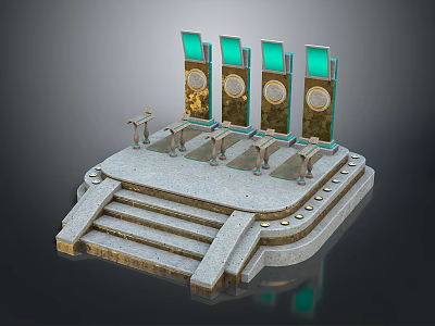 Modern Commercial Equipment with Green Screens and Gold Logos on Display Platform with Steps 3d model