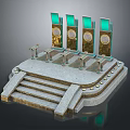 Modern Commercial Equipment with Green Screens and Gold Logos on Display Platform with Steps