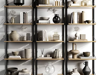 Ornamental Decor Set With Multi Tiered Shelves Displaying Vases Books Bowls And Sculptures 3d model