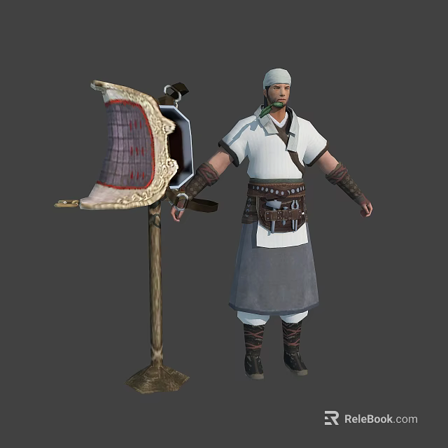 Ancient Character In Traditional White Top And Gray Skirt With Wooden Scroll Stand 3d model 
