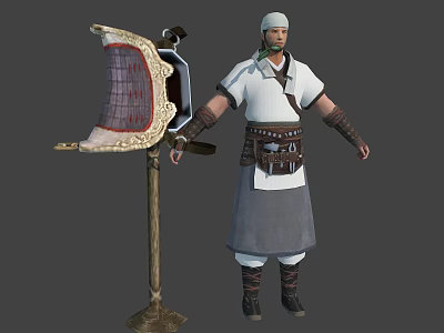 Ancient Character In Traditional White Top And Gray Skirt With Wooden Scroll Stand 3d model