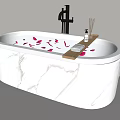 White Marble Texture Oval Bathtub With Rose Petals Black Faucet And Wooden Tray