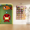 Entertainment Room With Lego Brick Wall Ocean Creature Patterns Display Shelf Figures And Potted Plant
