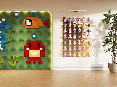 Entertainment Room With Lego Brick Wall Ocean Creature Patterns Display Shelf Figures And Potted Plant 3d model