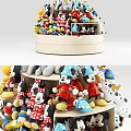 Multi Tiered Rotating Display Shelf With Disney Character Figurines And Light Wood Base 3d model