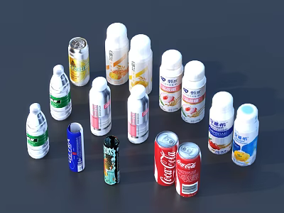 Various Bottled And Canned Beverages With Different Flavors And Brands 3d model