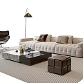 Beige Sofa And Glass Coffee Table Set With Multiple Cushions Black Chair And Striped Rug