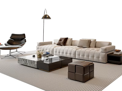 Beige Sofa And Glass Coffee Table Set With Multiple Cushions Black Chair And Striped Rug 3d model