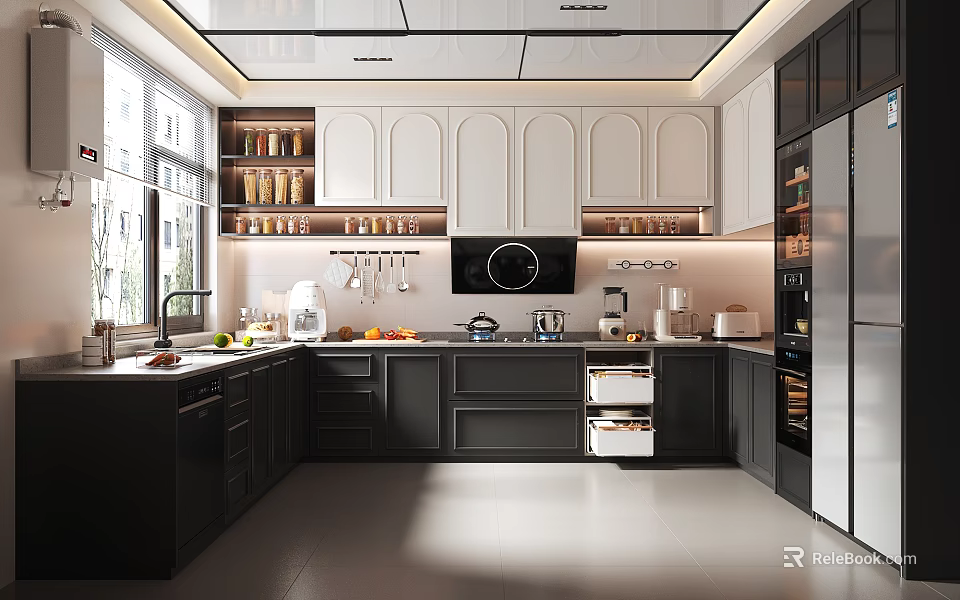Modern Kitchen Interior Design With Black White Cabinets Island Appliances And Natural Light 3d model 