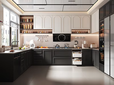 Modern Kitchen Interior Design With Black White Cabinets Island Appliances And Natural Light 3d model