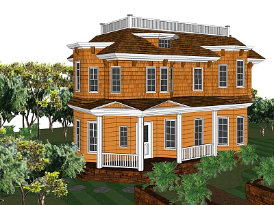Two Story Single Family Home With Orange Exterior Brown Roof And Green Landscaping 3d model