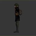 Man in Military Uniform With Helmet Arms Outstretched Brown Belt Backpack Boots On Gray Background