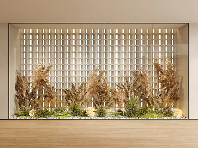 Modern Indoor Greenery Wall With Various Plants And Grid Backdrop 3d model