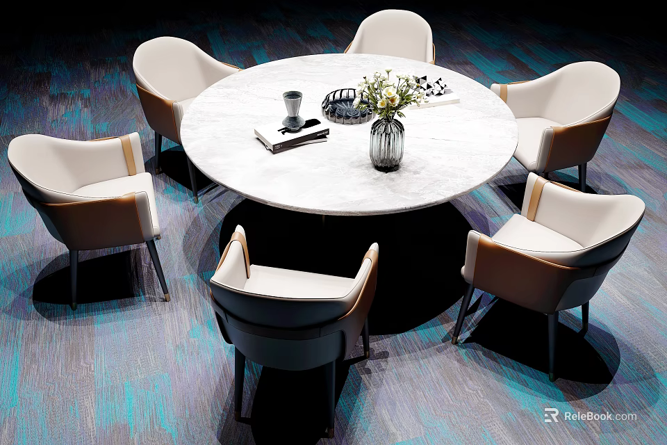 White Round Dining Table Set With Six Beige Armchairs Vase Flowers Book Blue Gray Carpet 3d model 