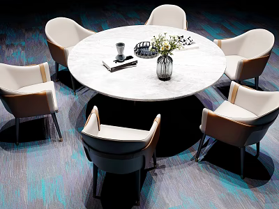 White Round Dining Table Set With Six Beige Armchairs Vase Flowers Book Blue Gray Carpet 3d model