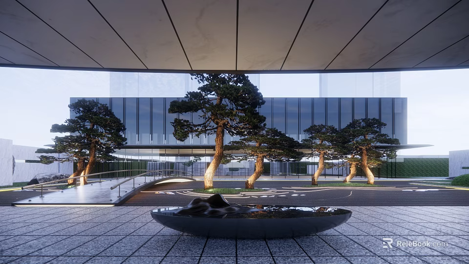 Modern Garden Landscape With Pine Trees Circular Water Feature Stone Pavement And Modern Building Backdrop 3d model 