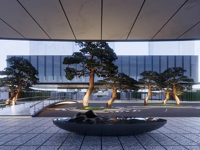 Modern Garden Landscape With Pine Trees Circular Water Feature Stone Pavement And Modern Building Backdrop 3d model