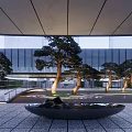 Modern Garden Landscape With Pine Trees Circular Water Feature Stone Pavement And Modern Building Backdrop