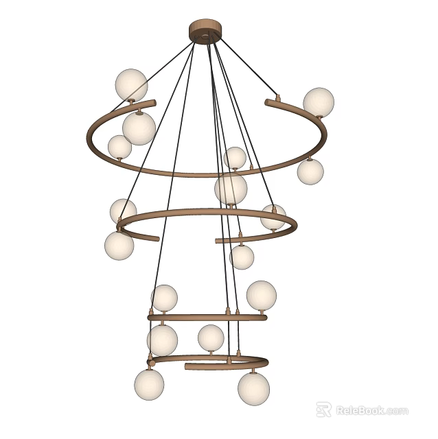 Modern Layered Chandelier With Wooden Circular Rings And Spherical Globe Lights 3d model 