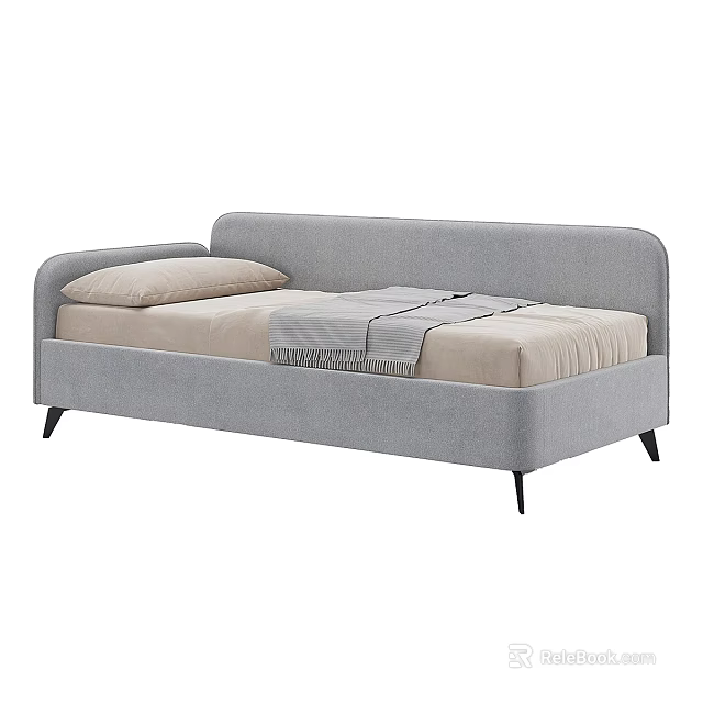Modern Gray Fabric Double Bed With Curved Design Pillow Blanket And Black Legs 3d model 
