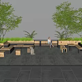 Garden Landscape With Outdoor Seating Area Wooden Benches And Green Plants Stone Paved Floor
