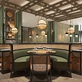 Elegant Restaurant Interior with Wooden Ceiling Chandeliers Red Floral Centerpiece Wooden Tables and Woven Chairs