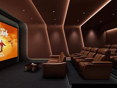 Luxurious Home Theater Interior With Large Projection Screen And Brown Leather Recliner Seats 3d model