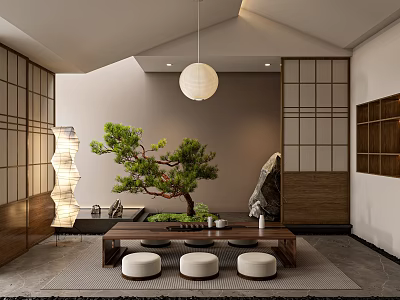 Japanese Style Tea Room Interior With Shoji Screens Hanging Lantern And Potted Pine Tree 3d model