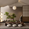 Japanese Style Tea Room Interior With Shoji Screens Hanging Lantern And Potted Pine Tree
