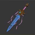 Ornate Decorative Sword With Blue Blade Intricate Carvings Pink Hilt Golden Accents And Blue Gemstones