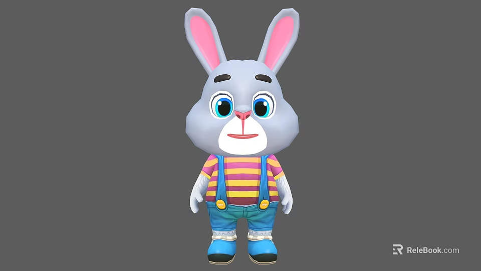 Cute Cartoon Rabbit With Gray Body Pink Ears Blue Eyes Striped Shirt And Blue Overalls 3d model 