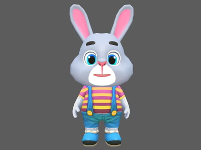 Cute Cartoon Rabbit With Gray Body Pink Ears Blue Eyes Striped Shirt And Blue Overalls 3d model