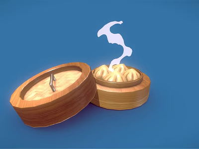 Open Bamboo Steamers With Steaming Hot Dumplings On Blue Background 3d model