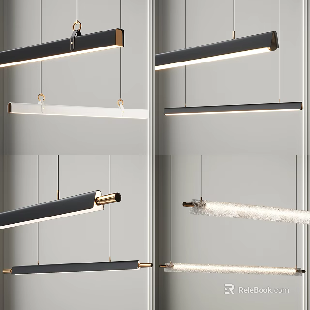 Minimalist Linear Pendant Lights With Black Metal And White Glass For Living Room 3d model 