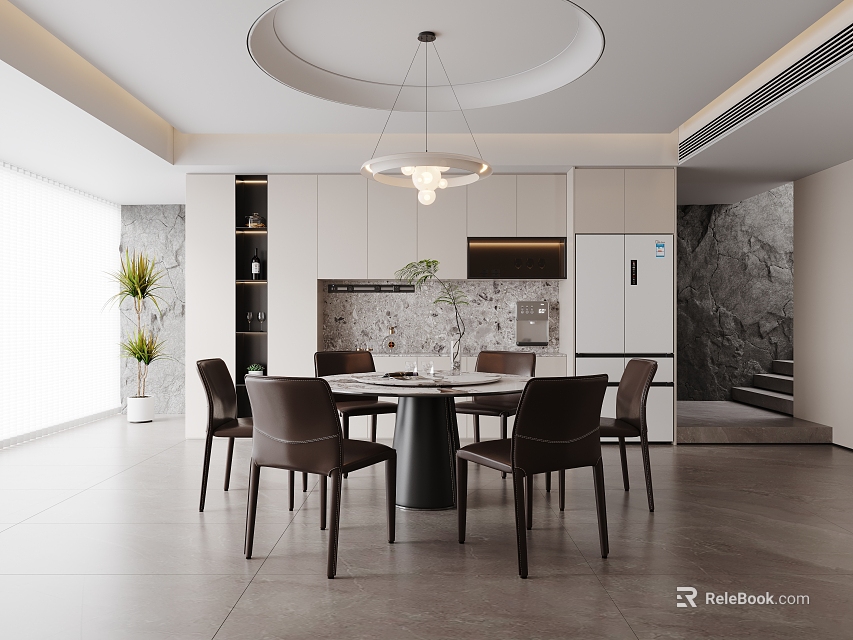 Modern Restaurant Interior With Round Dining Table Brown Chairs Pendant Light And Cabinets 3d model 