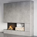 Modern Gray Concrete Fireplace With Burning Fire Wood Logs And Marble Accent