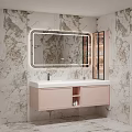 Bathroom Vanity With Marble Wall Backlit Mirror Pink Cabinet And Open Shelf