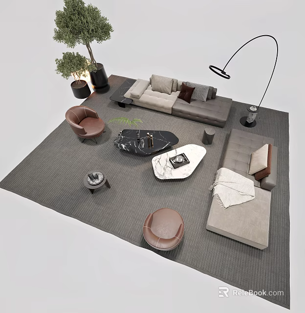 Modern Beige Sofa Coffee Table Set With Black White Tables Brown Armchairs Gray Rug Floor Lamp 3d model 