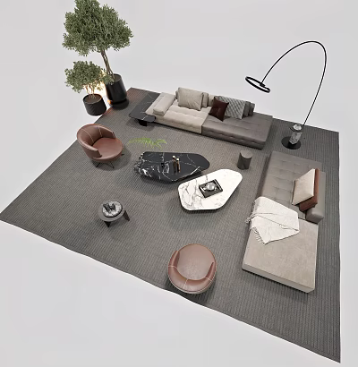 Modern Beige Sofa Coffee Table Set With Black White Tables Brown Armchairs Gray Rug Floor Lamp 3d model