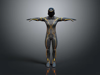 Game Movie Character In Black Bodysuit With Yellow Lines Helmet Standing Arms Outstretched 3d model