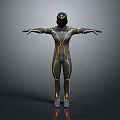 Game Movie Character In Black Bodysuit With Yellow Lines Helmet Standing Arms Outstretched