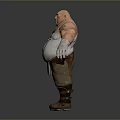 Bald Man With Arm Tattoos Wearing White Undershirt Overalls Utility Belt Brown Boots And Gloves